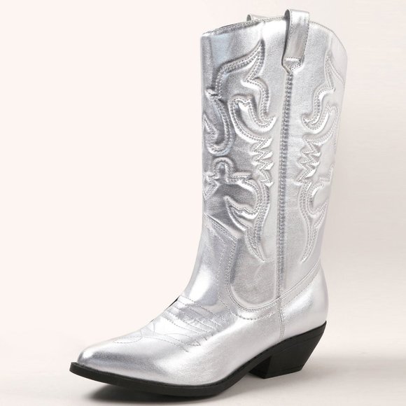 NEW🔥 Silver Pointed Toe Pull-On Mid-Calf Cowboy Cowgirl Western Boot Block Heel - Picture 6 of 6